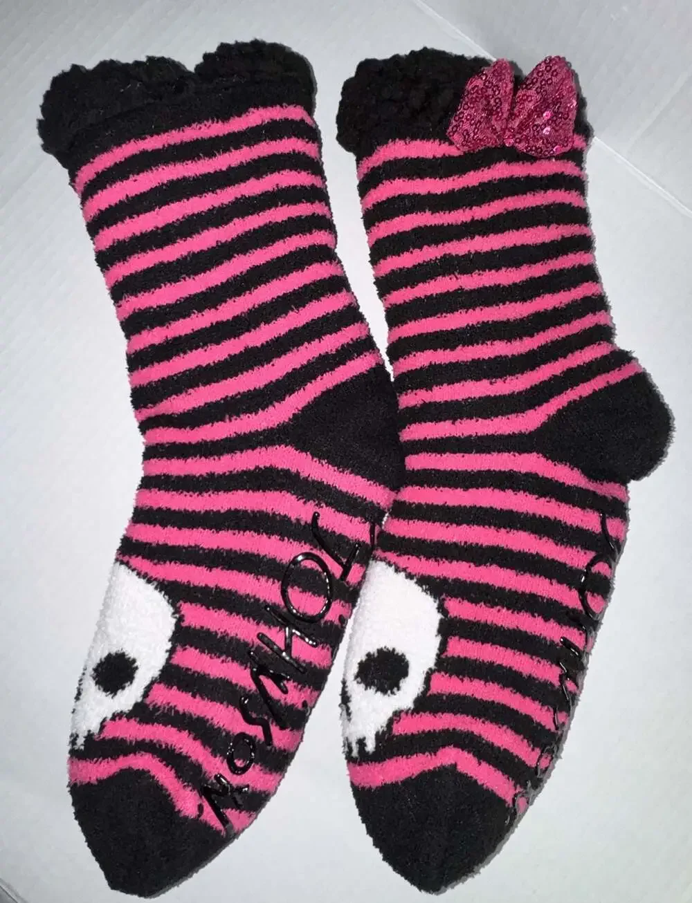 Betsey Johnson Pink and Black Striped Skull Cozy Slipper Socks